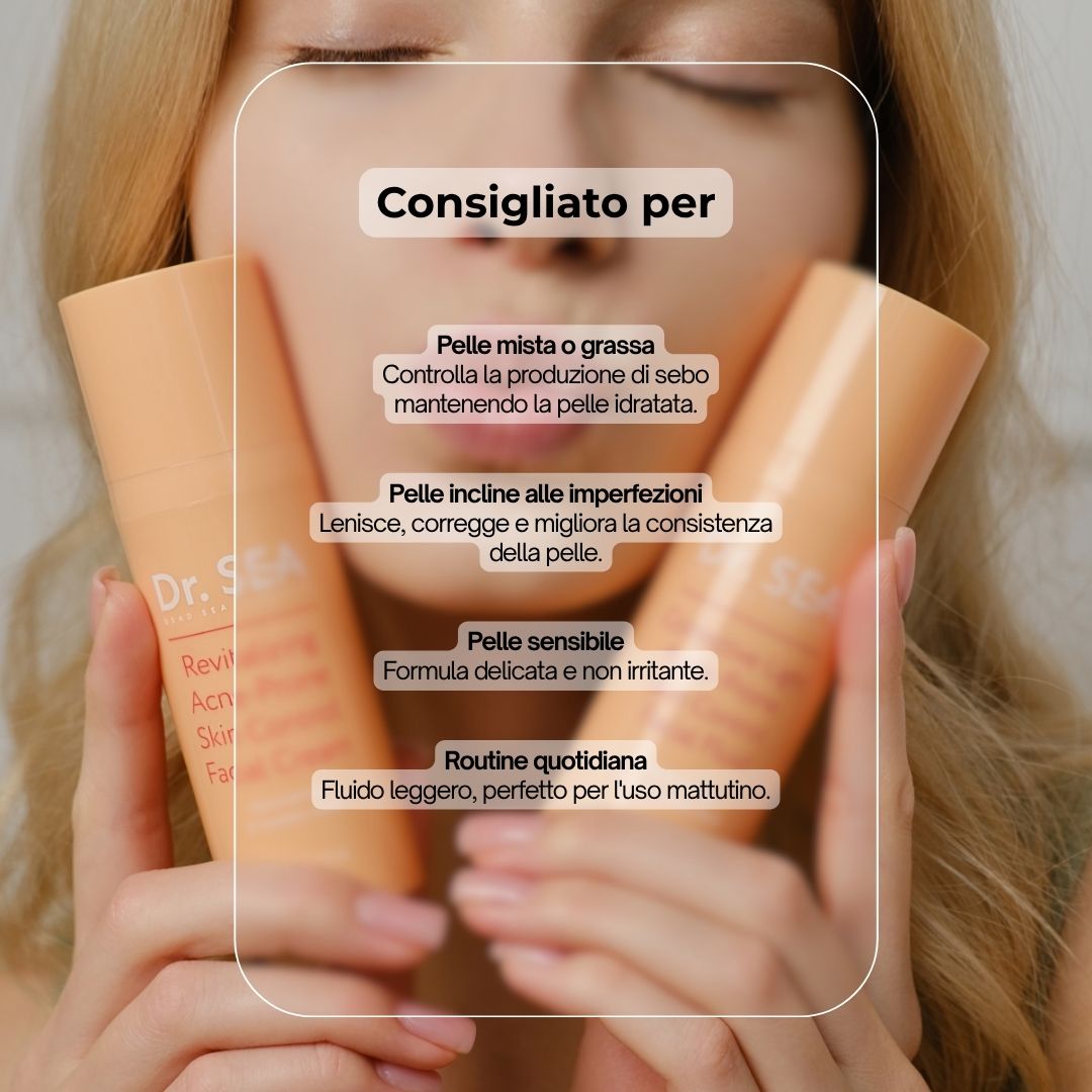 Due flaconi beige. Scritta: Dr. SEA. Testo: Consigliato per pelli miste, impure, sensibili.