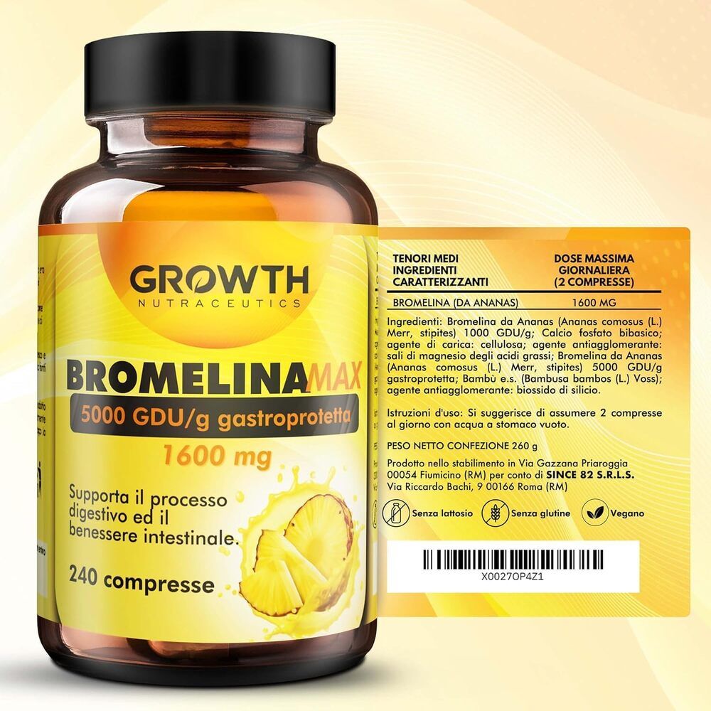 Flacone marrone di compresse. Scritta: GROWTH NUTRACEUTICS Bromelina MAX, 1600 mg, 240 compresse. Foglio illustrativo con ingredienti.