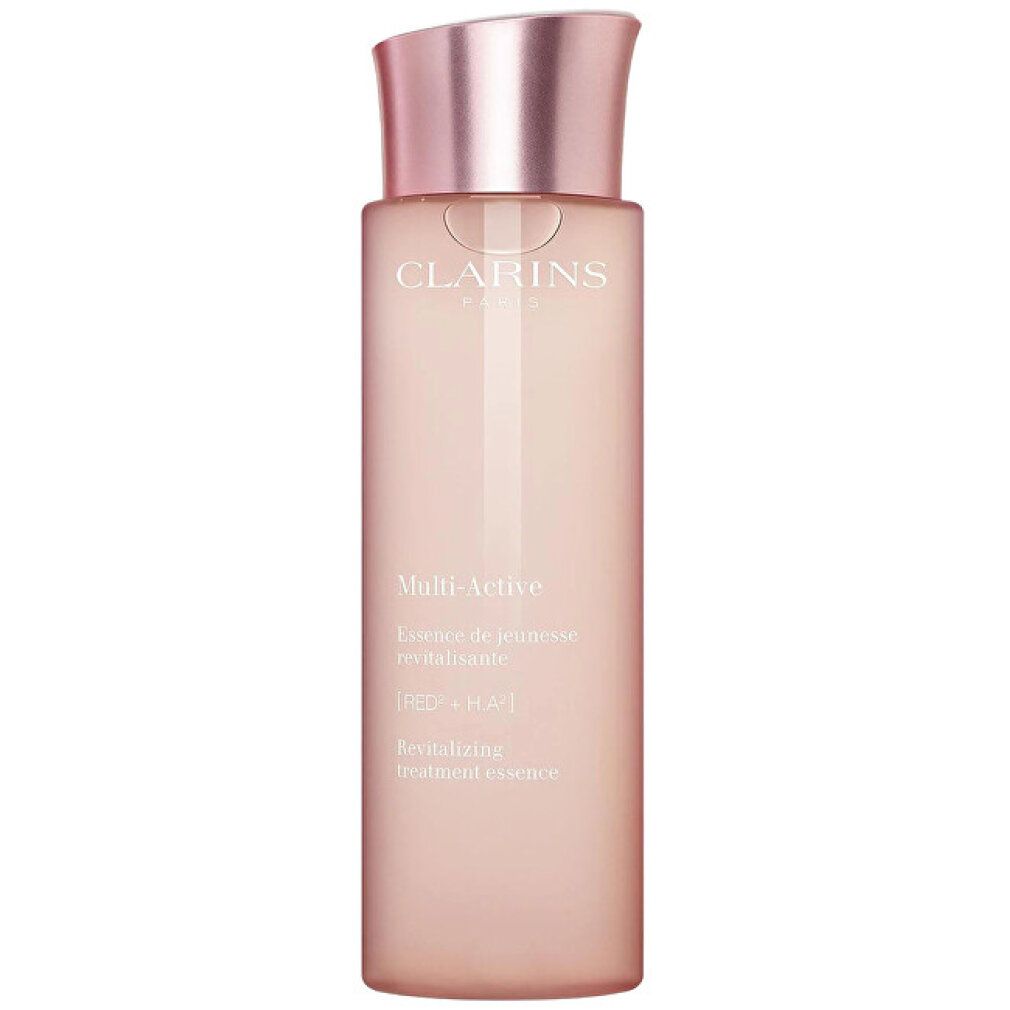 Flacone rosa con tappo rosa. Scritta Clarins, Multi-Active, Essence de jeunesse revitalisante. Testo: Watery & fresh texture.