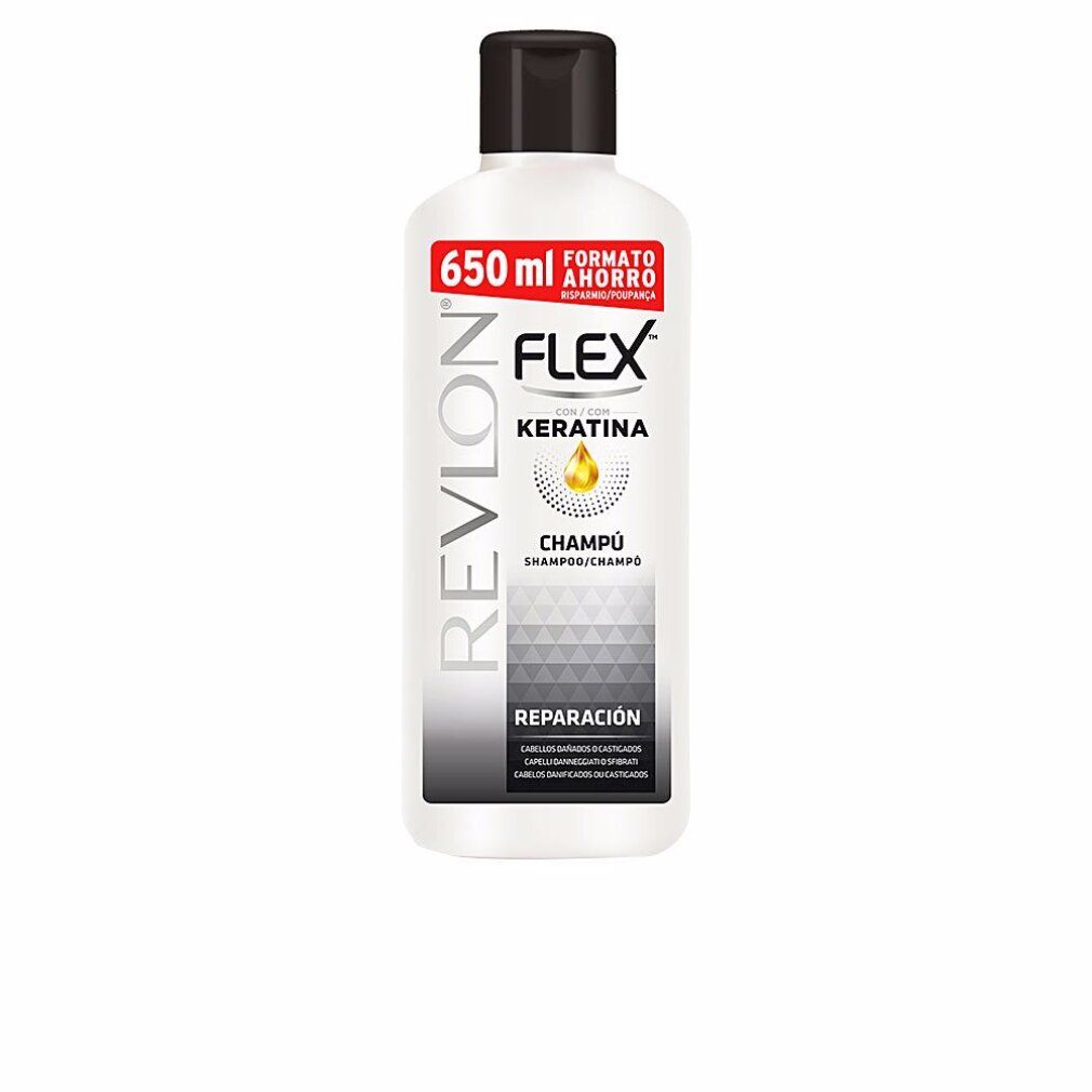 Flacone di shampoo Revlon Flex Keratina. Etichetta bianca, tappo nero. Contiene 650 ml. Testo: Riparazione.