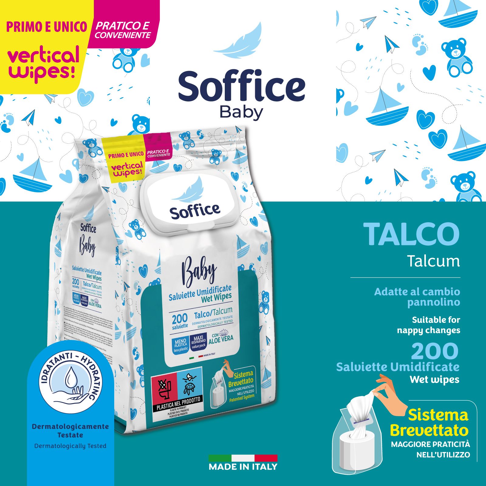 Confezione di salviette umidificate per bambini. Scritte: Soffice Baby, Talco, 200 salviette. Con Aloe Vera e Pantenolo. Dermatologicamente testato. Made in Italy.