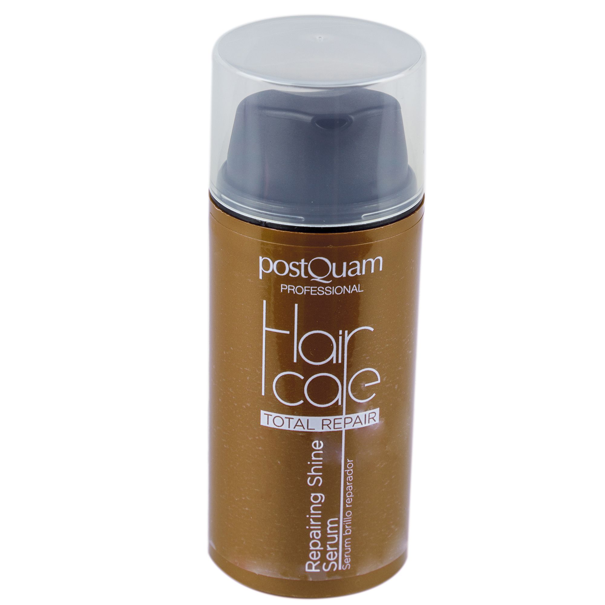 Siero per capelli. Scritta: Hair Care Total Repair, Repairing Shine Serum. Marchio: Postquam Professional. Flacone con dosatore.