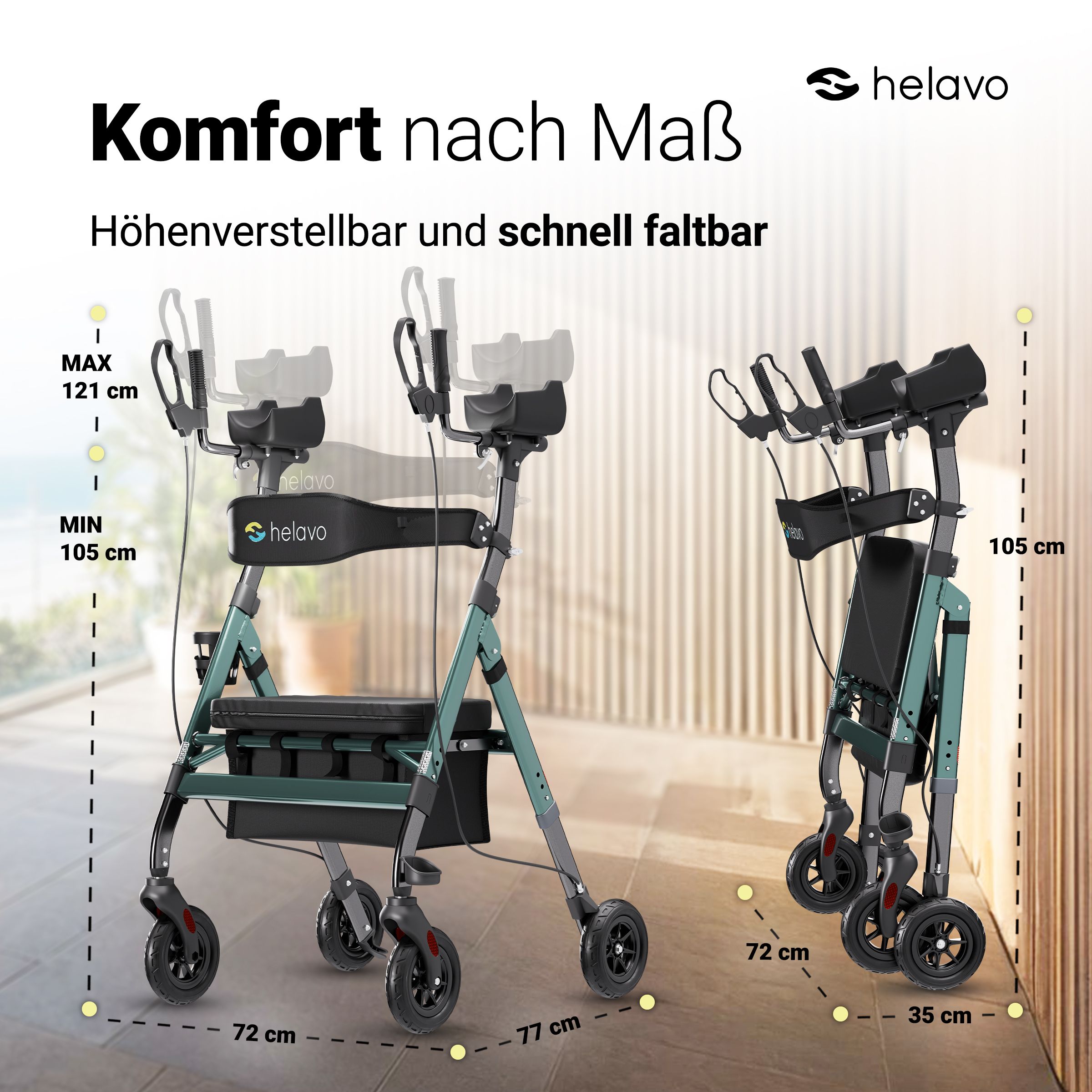 Rollator aperto e piegato, regolabile in altezza.