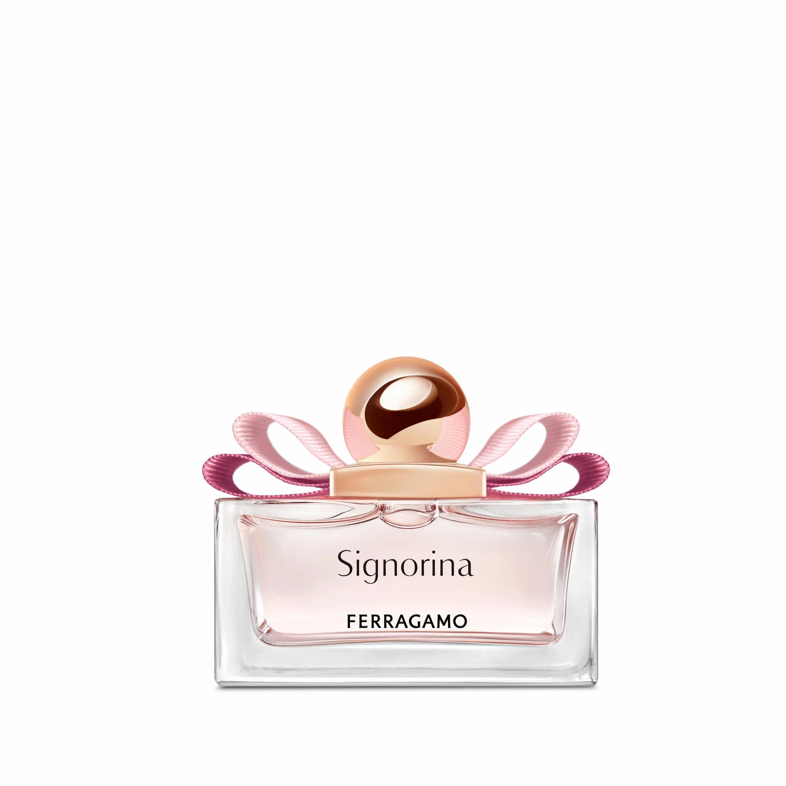 Flacone di profumo Signorina Ferragamo, quadrato, con liquido rosa, tappo dorato e fiocco rosa.