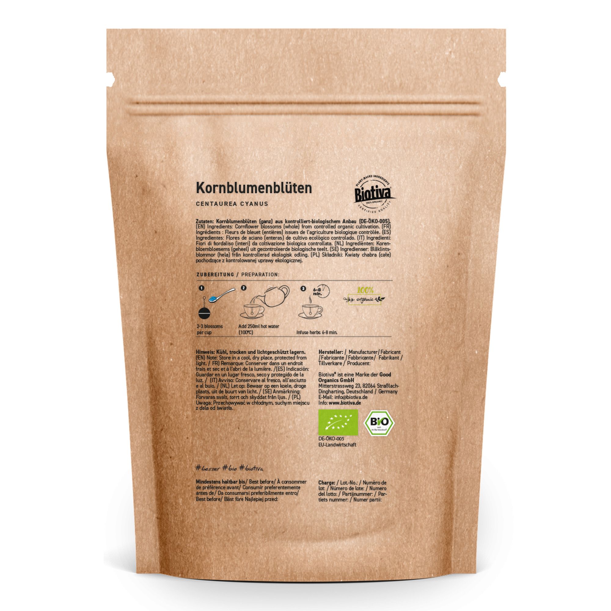 Busta marrone con informazioni sul prodotto e istruzioni. Scritta: Kornblumenblüten. Logo Biotiva e sigillo bio.