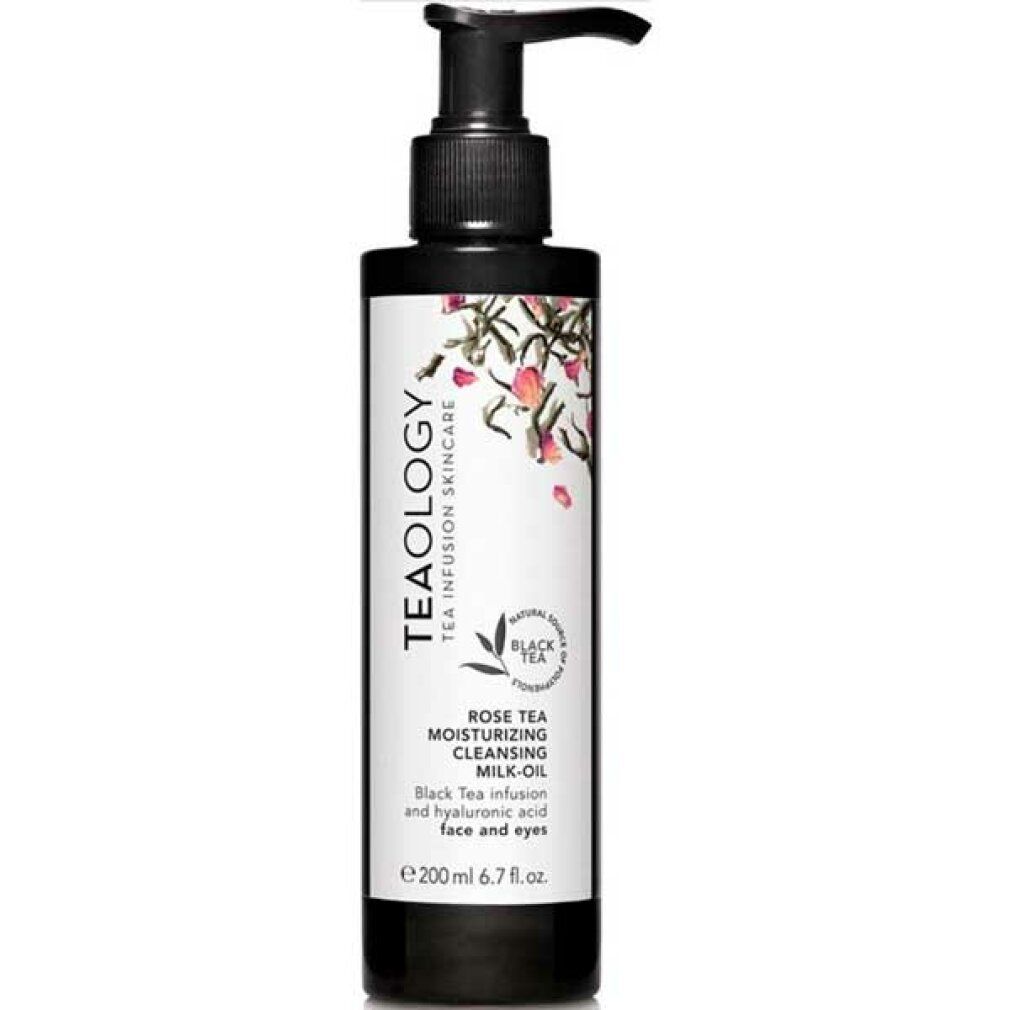 Flacone nero con dosatore. Scritta: Teaology Rose Tea Cleansing Milk-Oil. Decorazione floreale.