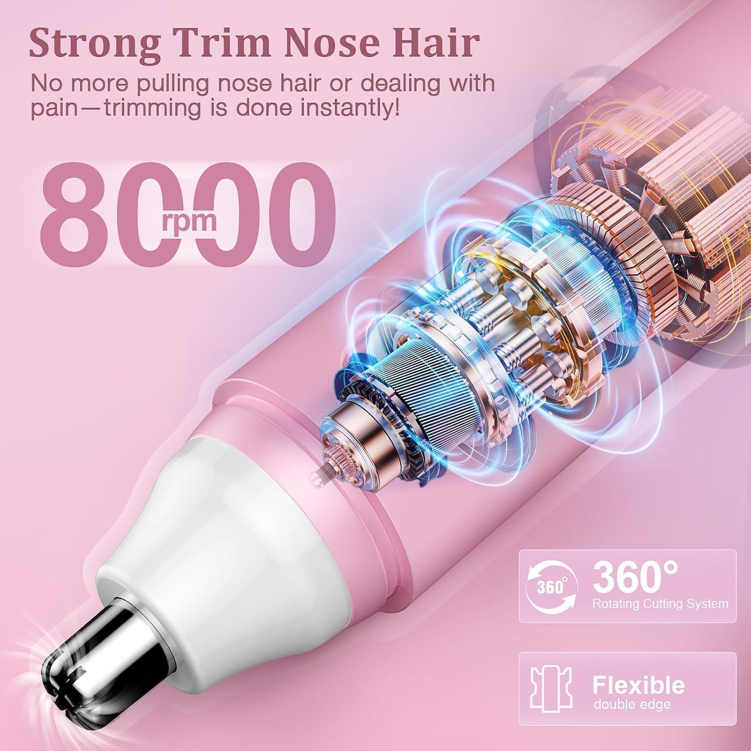 Trimmer per peli nasali rosa con componenti interni esposti. 8000 giri/min. Sistema di taglio rotante a 360°. Doppio bordo flessibile.