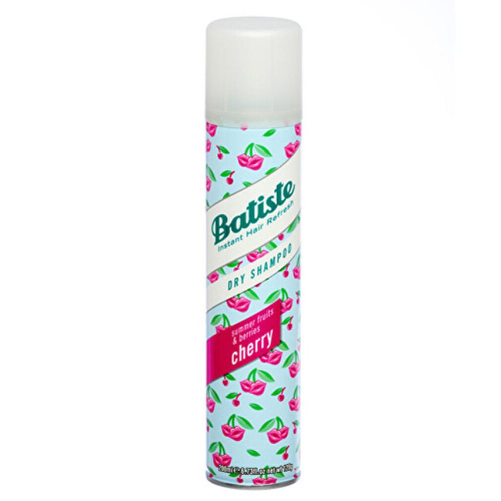 Spray di shampoo secco Batiste Cherry. Motivo ciliegie su sfondo azzurro. Scritta: Dry Shampoo, UK's No.1.