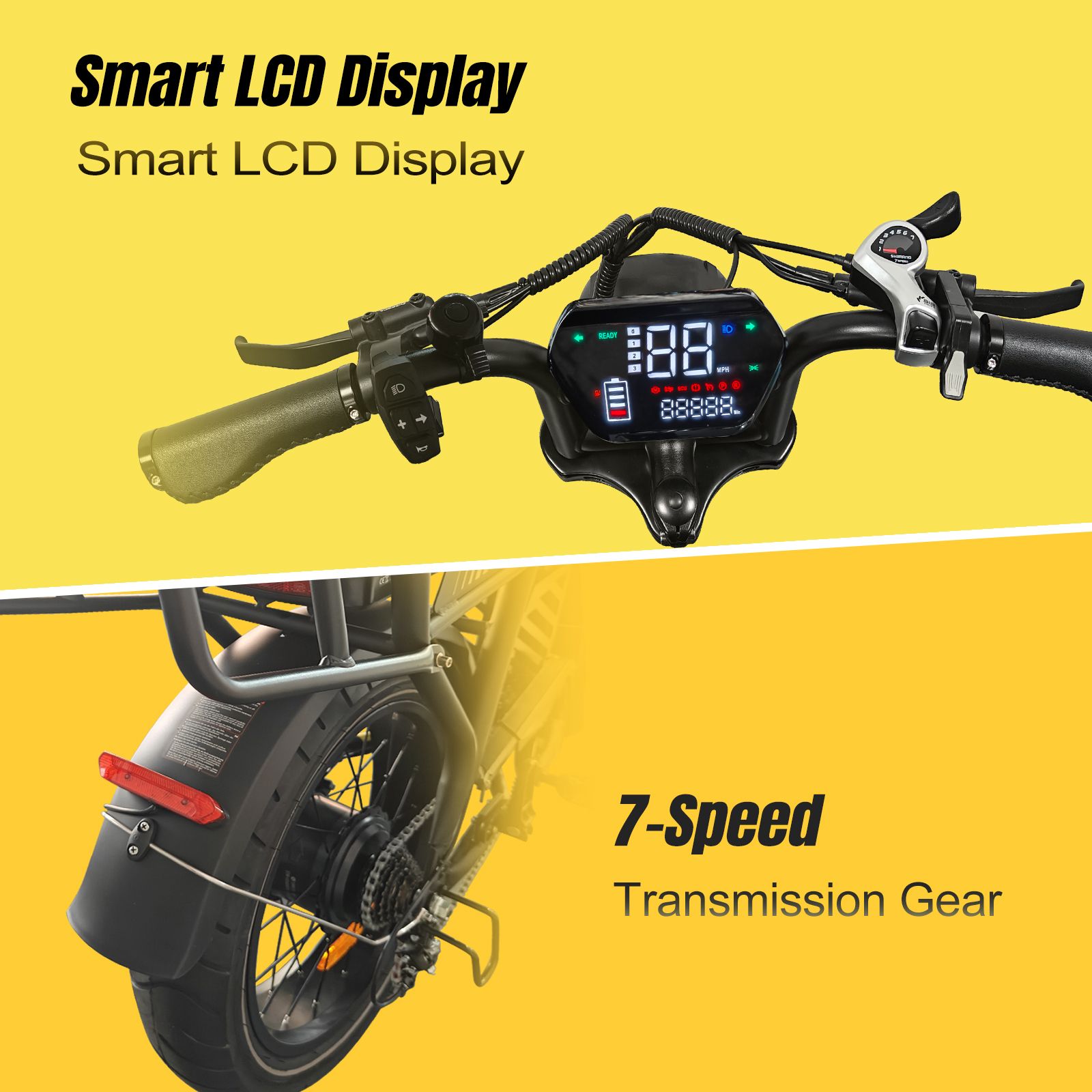 Area del manubrio della bici cargo elettrica. Display LCD intelligente, cambio a 7 velocità, comandi.