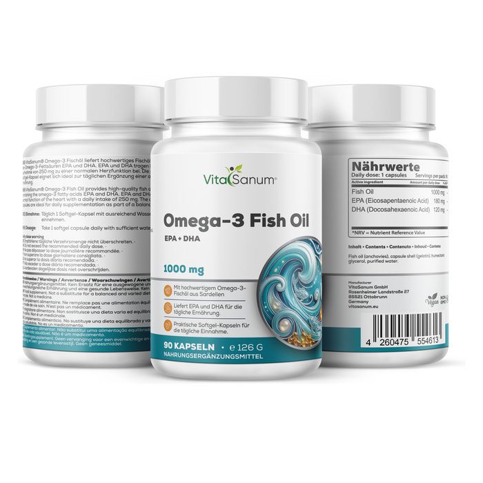 VitaSanum Omega-3 Olio di Pesce, 1000 mg, 90 capsule, con informazioni nutrizionali.