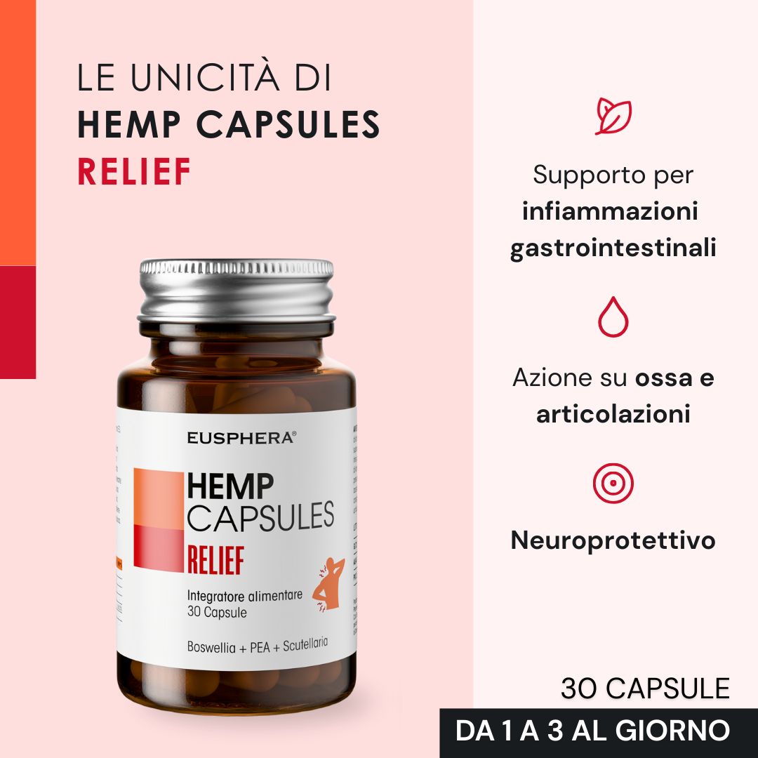 Flacone di vetro marrone di Hemp Capsules Relief. Contiene 30 capsule. Testo: Supporto per infiammazioni, ossa e articolazioni, neuroprotettivo.