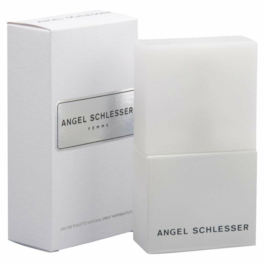 Profumo bianco con confezione. "ANGEL SCHLESSER FEMME" sulla confezione. Flacone e confezione bianchi.