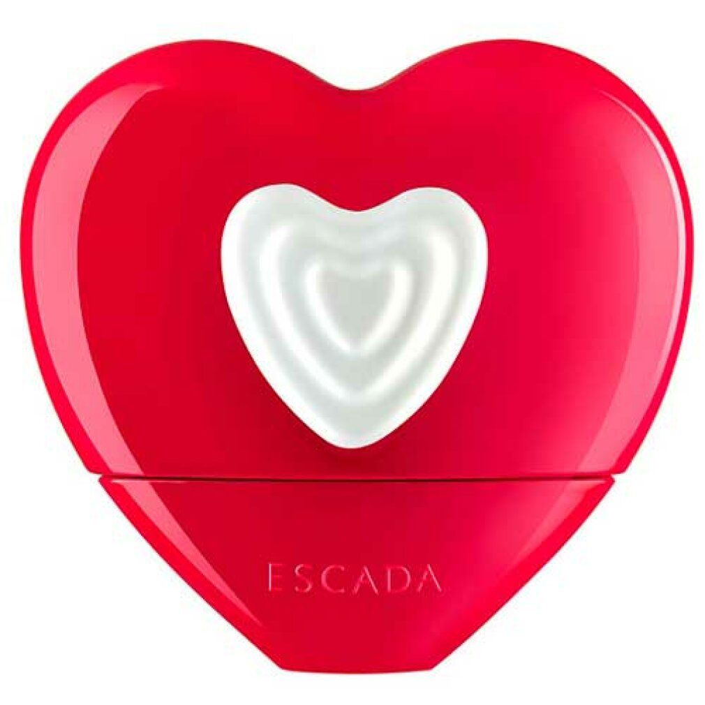 Flacone rosso a forma di cuore con cuore bianco. Marchio Escada in basso. Tappo in basso.