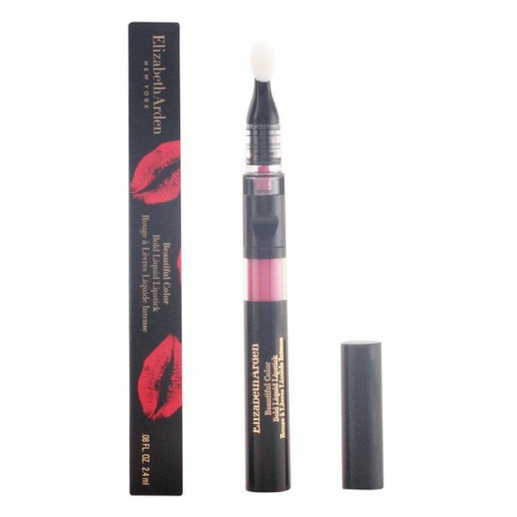 Un rossetto nero con liquido rosso e applicatore, accanto alla confezione. Scritta: Elizabeth Arden Beautiful Color Bold Liquid Lipstick.