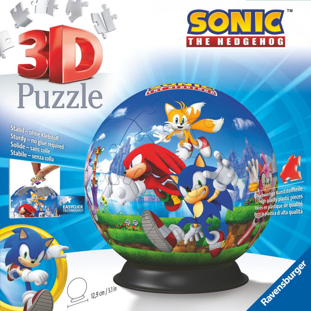 Confezione puzzle 3D. Mostra il puzzle finito con i personaggi di Sonic. 72 pezzi.
