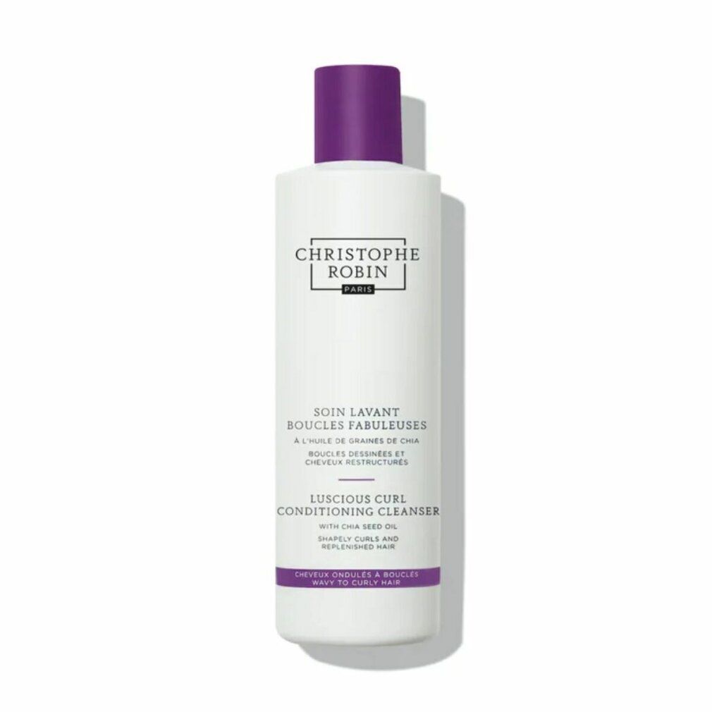 Shampoo bianco, tappo viola. Testo: Christophe Robin, Luscious Curl Conditioning Cleanser. Per capelli mossi e ricci.