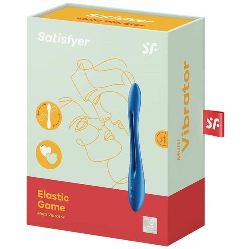Confezione di Satisfyer Elastic Game. Prodotto blu raffigurato. Testo: Elastic Game, Multi Vibrator.