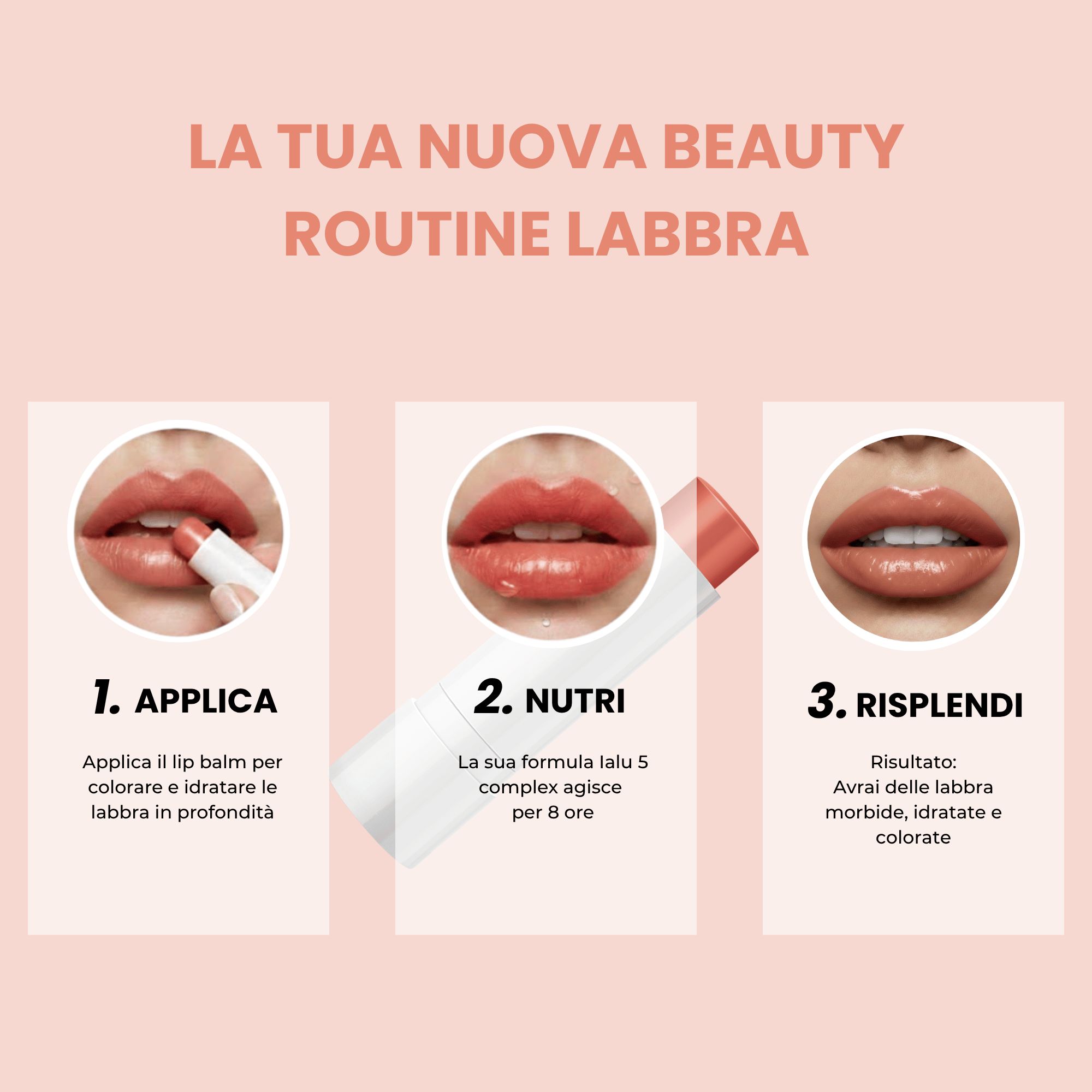 Applicazione balsamo labbra Natur Unique: Applicare, nutrire per 8 ore, risplendere per labbra morbide e idratate.