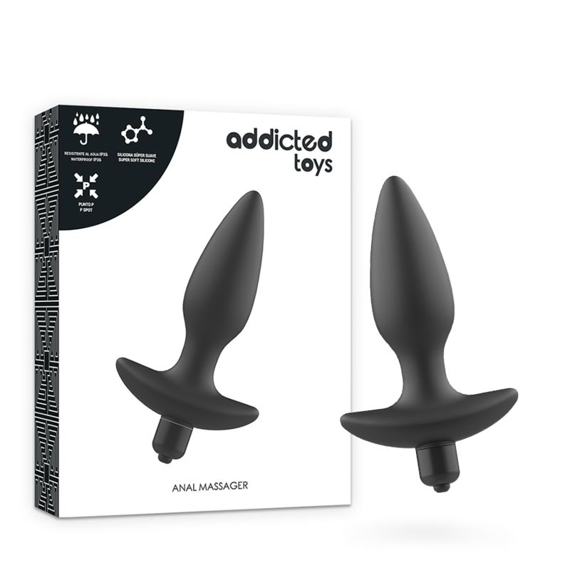 Due vibratori anali neri davanti a una confezione con logo Addicted Toys.