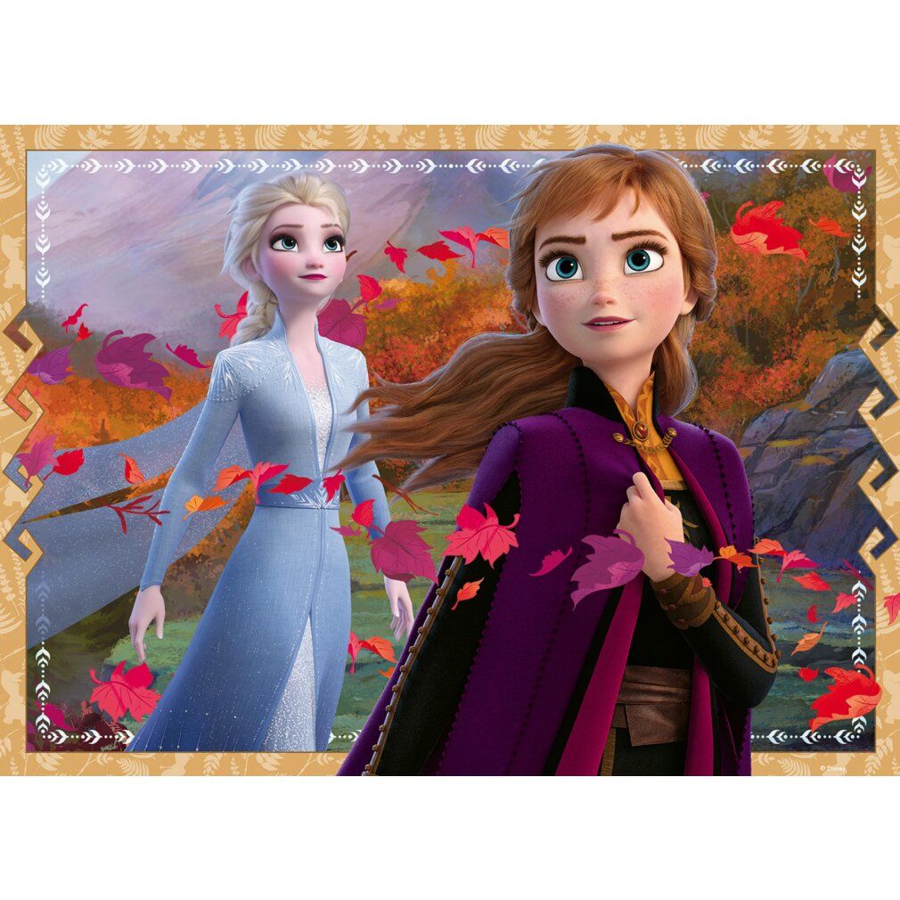 Puzzle con Elsa e Anna di Frozen II. Sfondo: paesaggio autunnale con foglie rosse. Cornice dorata con motivo.
