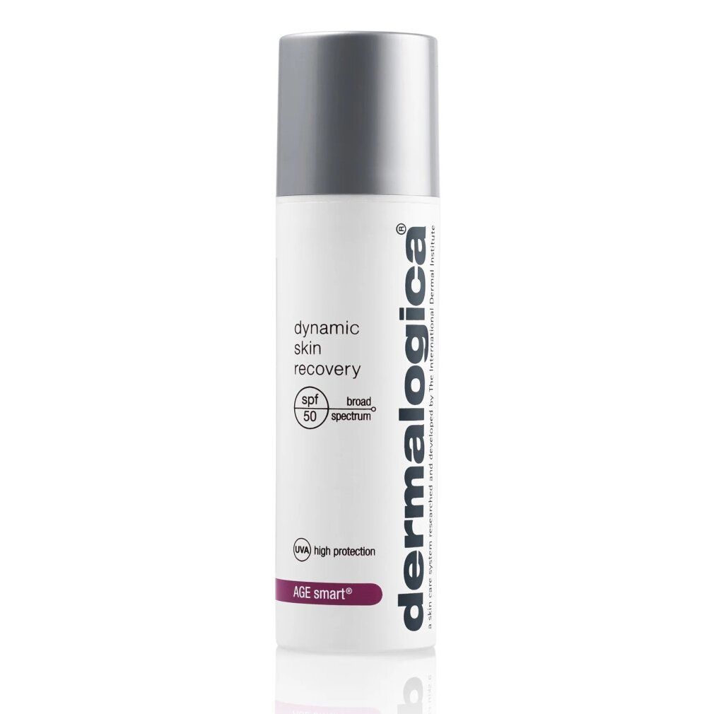 Prodotto cilindrico bianco con tappo argentato. Testo: dynamic skin recovery, SPF 50, AGE smart, Dermalogica.