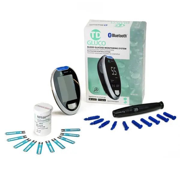 Set glucometro con dispositivo, lancetta, strisce reattive e batterie. Imballaggio incluso.