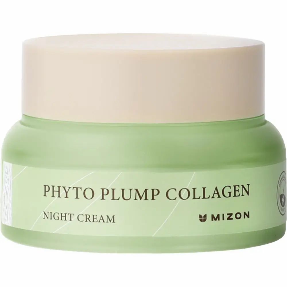 Vasetto di vetro verde con crema notte. Scritta: Phyto Plump Collagen Night Cream. Marchio MIZON.