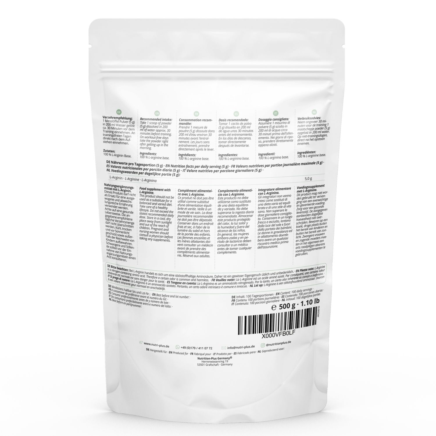 Retro della confezione di L-Arginina Base in polvere. Contiene informazioni e valori nutrizionali.