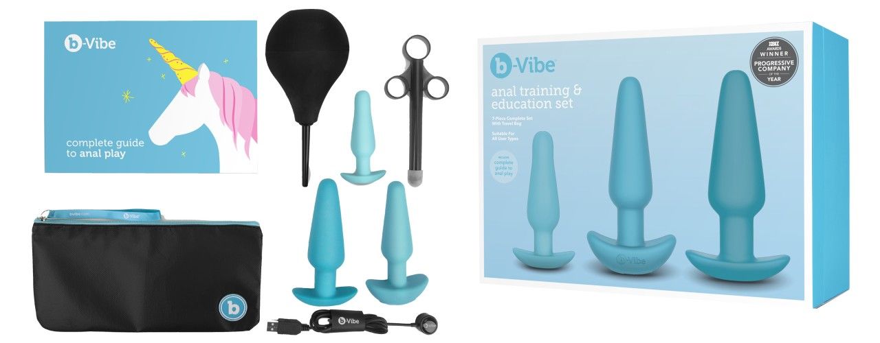 Set B-Vibe: Plug di allenamento, custodia, pompetta, guida e accessori.