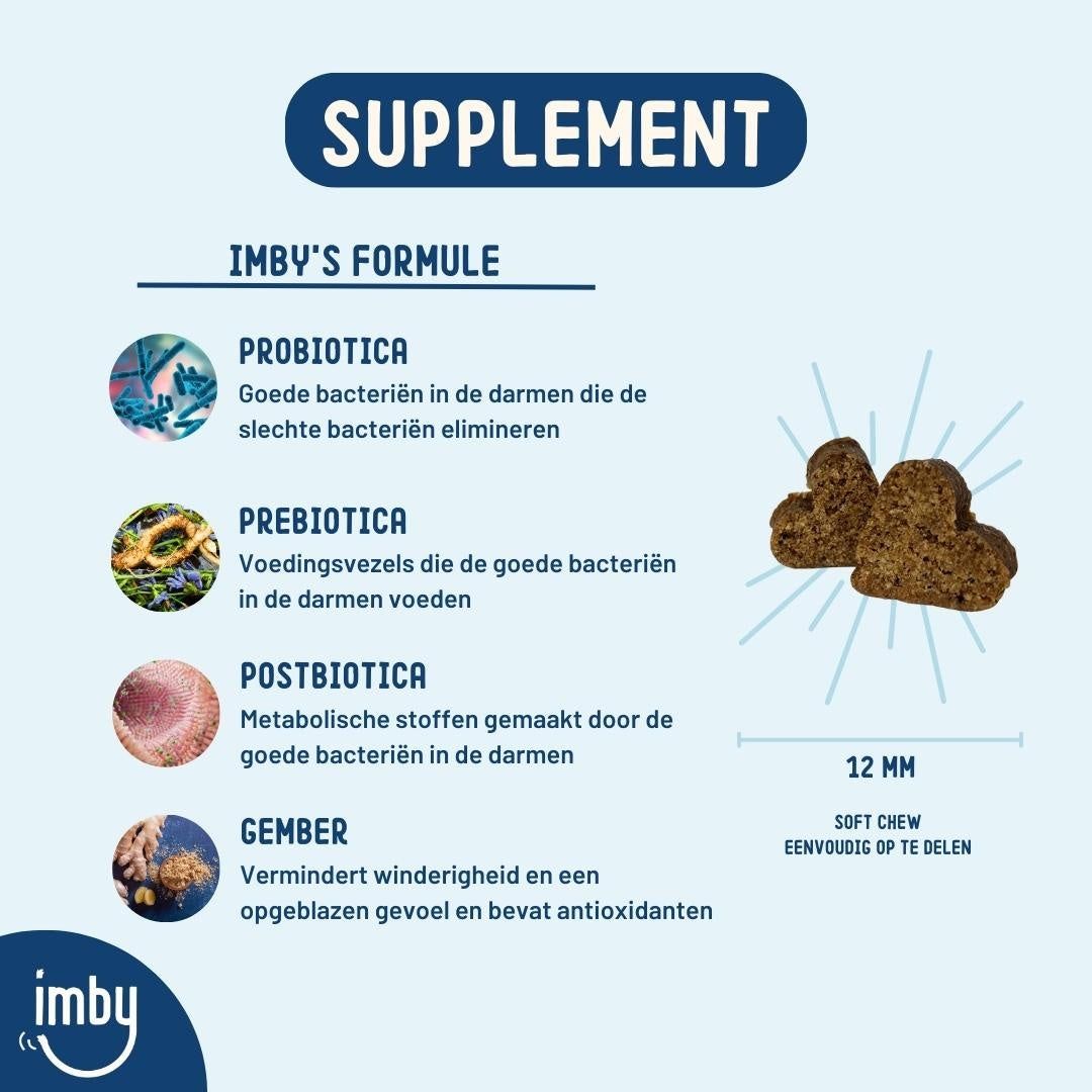 Formula Imby: Probiotici, prebiotici, postbiotici e zenzero. Snack morbidi da 12 mm.