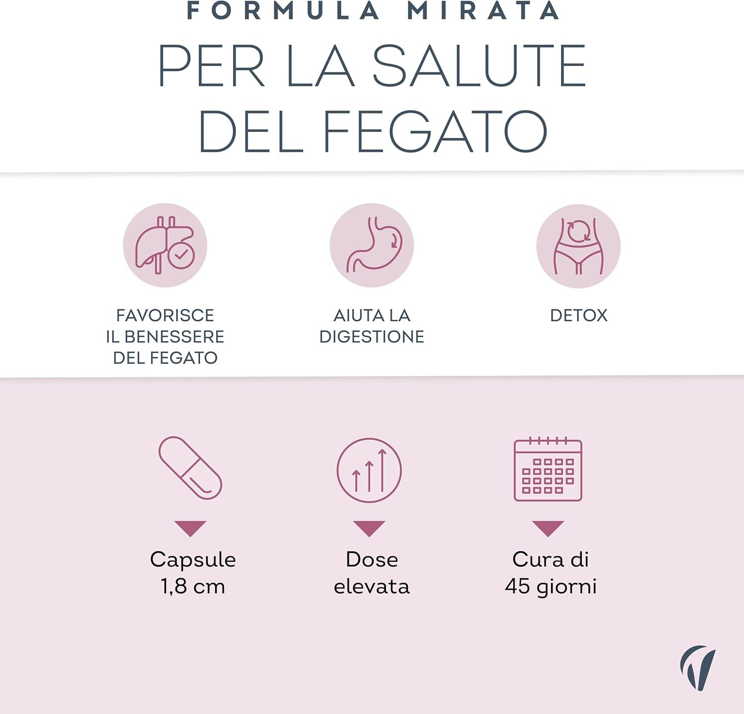 Capsula, 1,8 cm. Testo: Formula per la salute del fegato. Cura di 45 giorni. Favorisce la digestione. Detox.