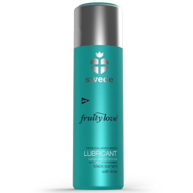 Flacone turchese con tappo argentato. Scritta: Swede, Fruity Love, Lubricant, Black Currant with Lime.