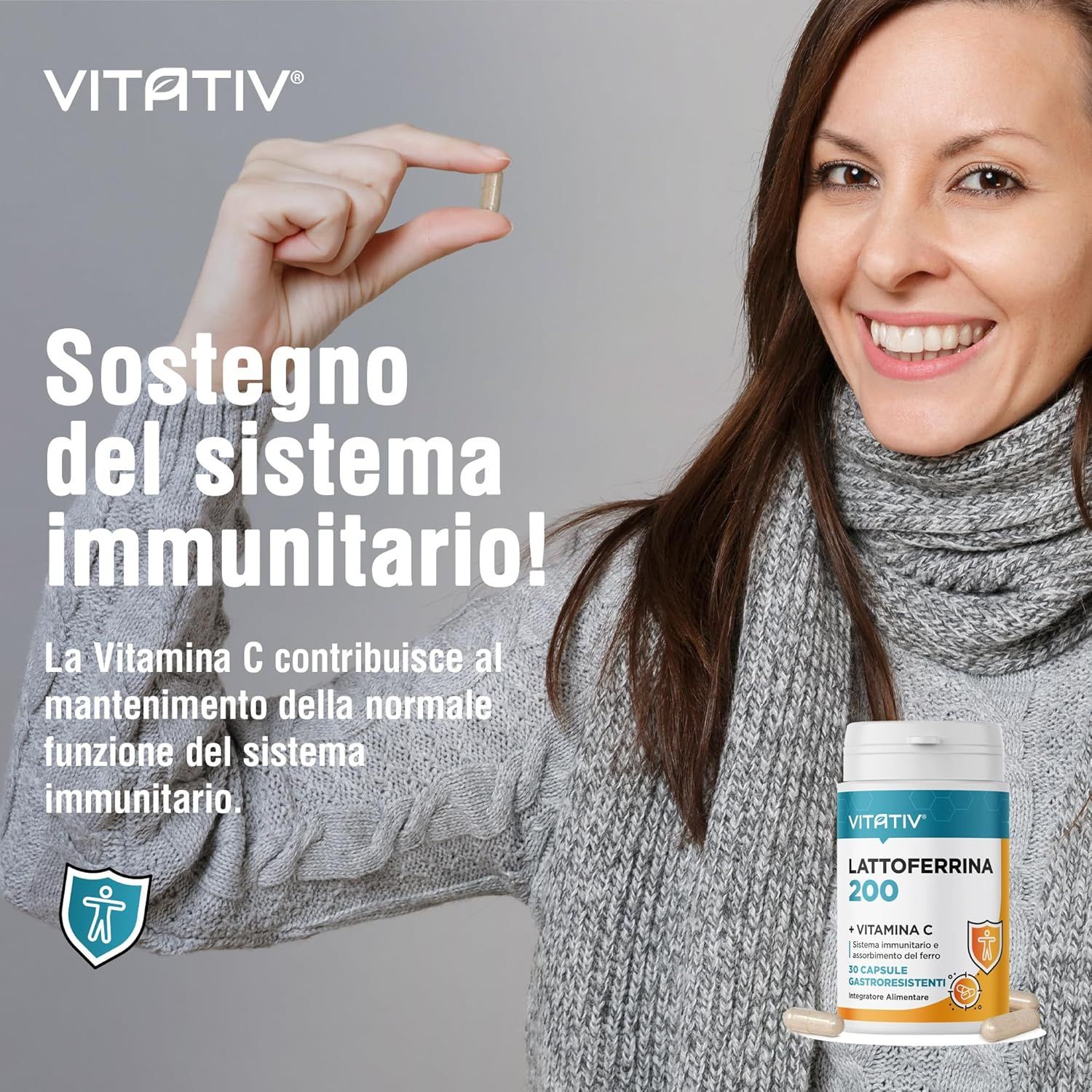 Vitativ® Lattoferrina 200 Immuno + Vitamina C - 30 Capsule Gastroresistenti
