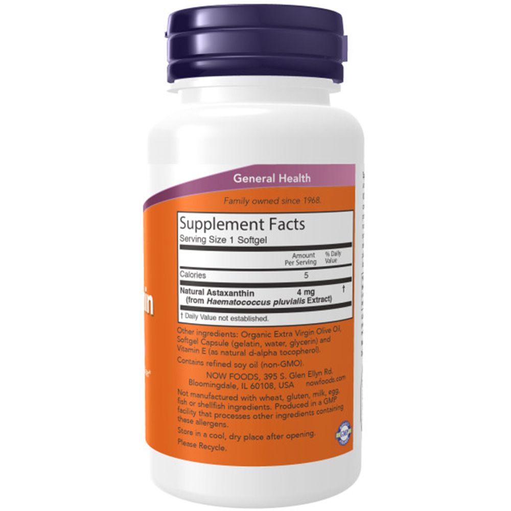 Retro del flacone bianco. Etichetta con informazioni nutrizionali e ingredienti. Testo: NOW FOODS, 395 S. Glen Ellyn Rd, Bloomington, USA.