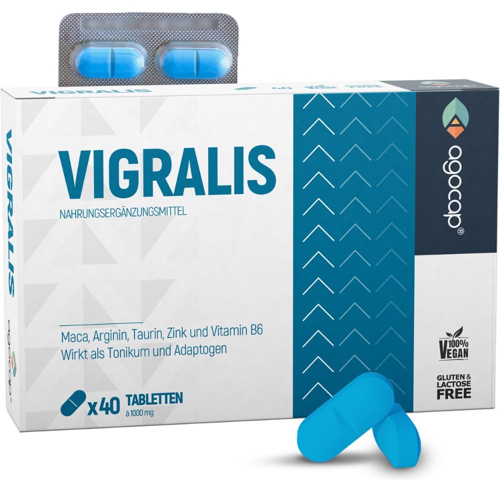 Confezione e compresse. Testo: Integratore alimentare Vigralis. 40 compresse.