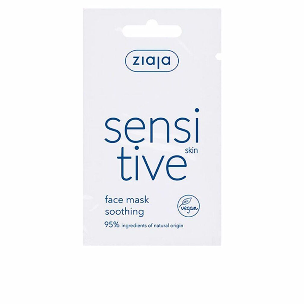 Maschera viso Ziaja Sensitive. Confezione bianca con testo blu: sensitive, face mask, soothing. Sigillo vegano. 95% ingredienti naturali.