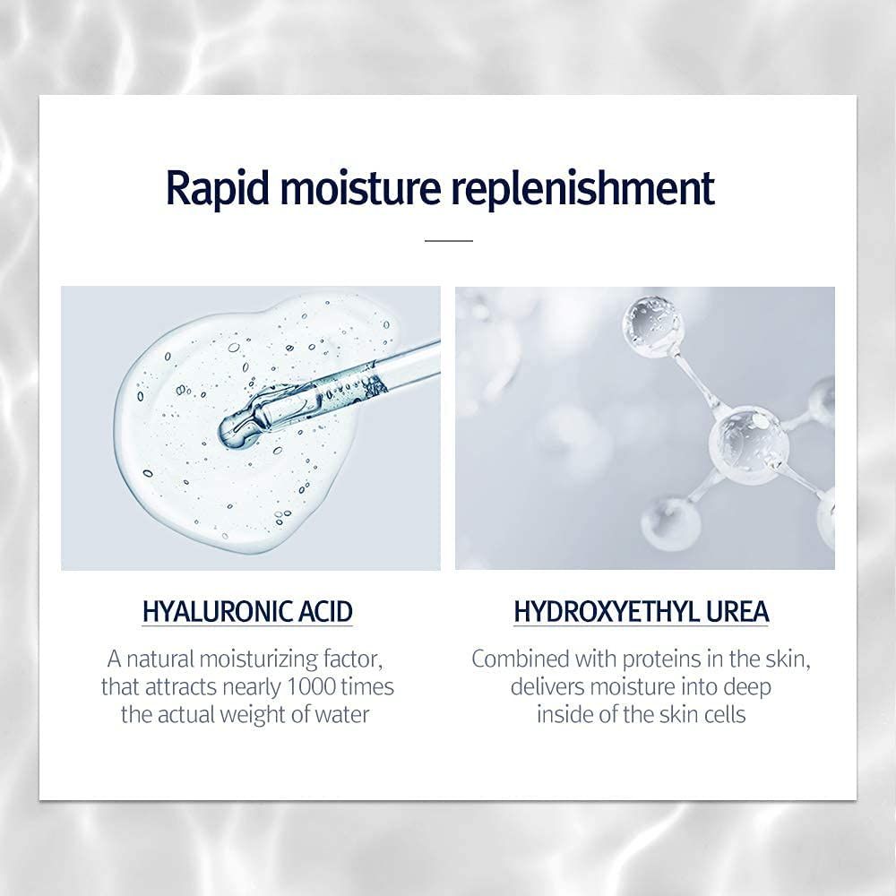 Testo su acido ialuronico e idrossietilurea. Immagini di liquidi.