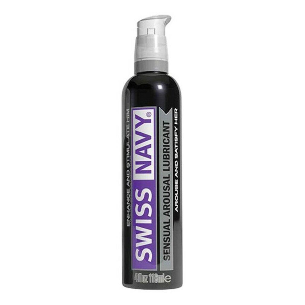 Flacone scuro con pompa. Scritta: Swiss Navy. Sensual Arousal Lubricant. Accenti viola e bianchi. 4 fl oz.