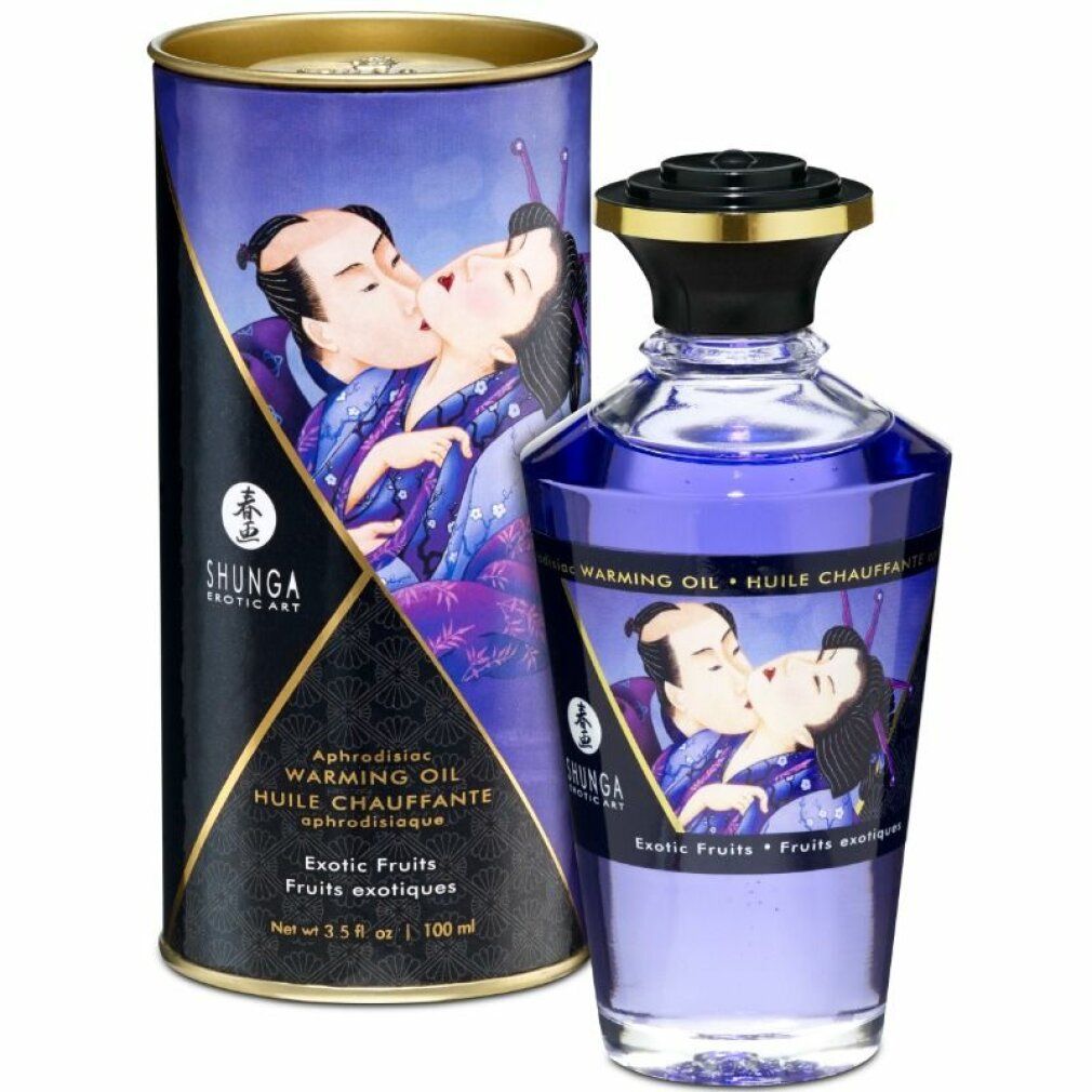 Olio da massaggio ai frutti esotici. Bottiglia con liquido viola e confezione cilindrica. Stampa di una coppia che si bacia.