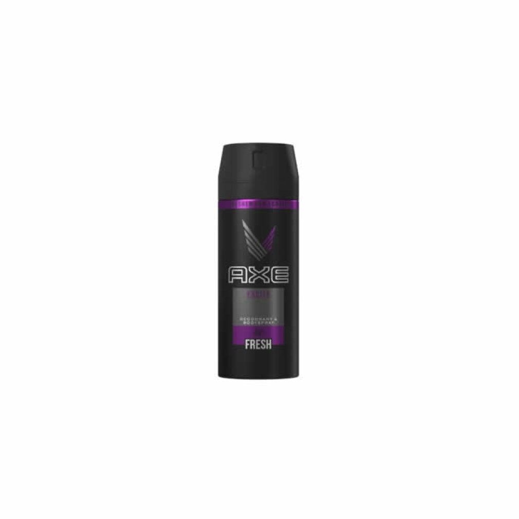 Axe Excite Deodorante Spray. Flacone nero con fascia viola. Logo e scritta "EXCITE" e "FRESH".
