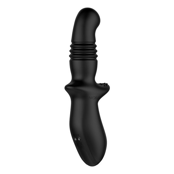 Prodotto benessere nero. Forma con impugnatura, sezione scanalata e punta rialzata. Su sfondo bianco.