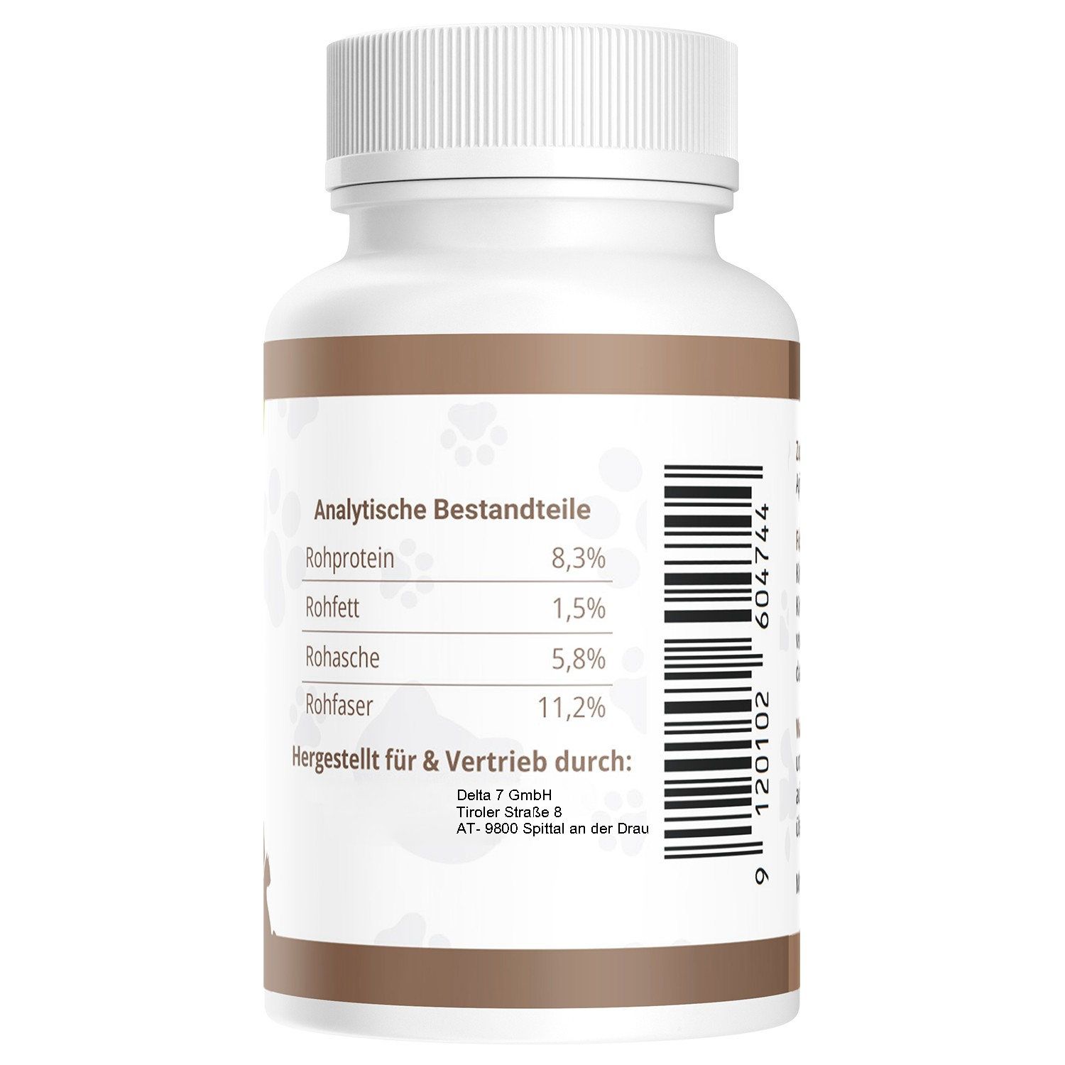 Retro di un flacone bianco. Testo: componenti analitici, informazioni del produttore. Codice a barre.