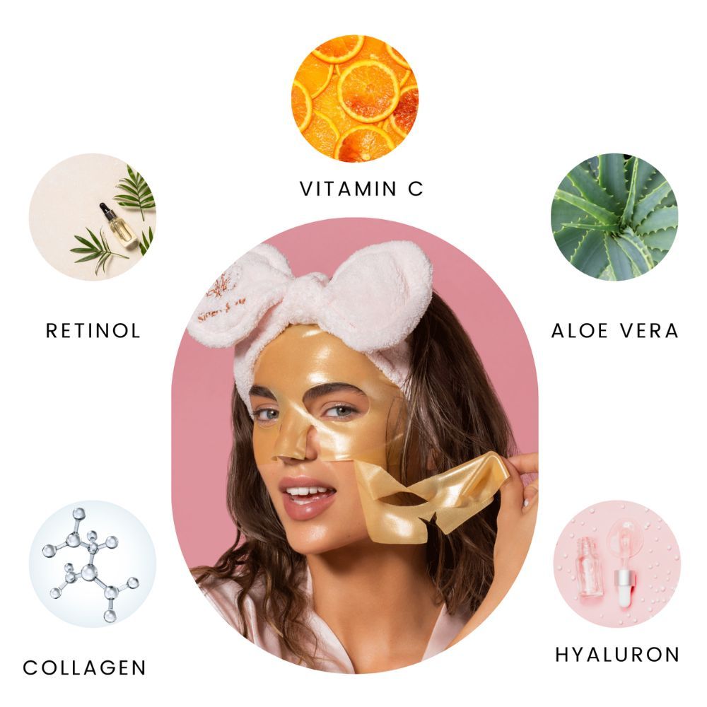 Donna con maschera viso idrogel dorata, che ne rimuove una parte. Circondata da illustrazioni di ingredienti: Retinolo, Vitamina C, Aloe Vera, Collagene, Ialuron.