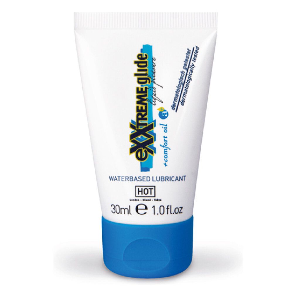 Tubo bianco e blu con nome del prodotto. Scritta: eXXtreme glide, waterbased lubricant, 30ml, HOT. Dermatologicamente testato.