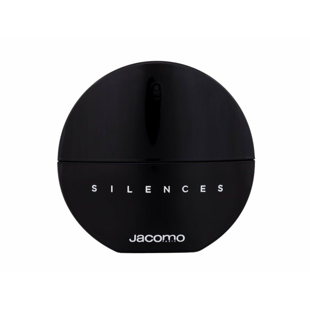Flacone nero con scritta SILENCES e Jacomo. Design rotondo. Tappo nero. Superficie lucida.