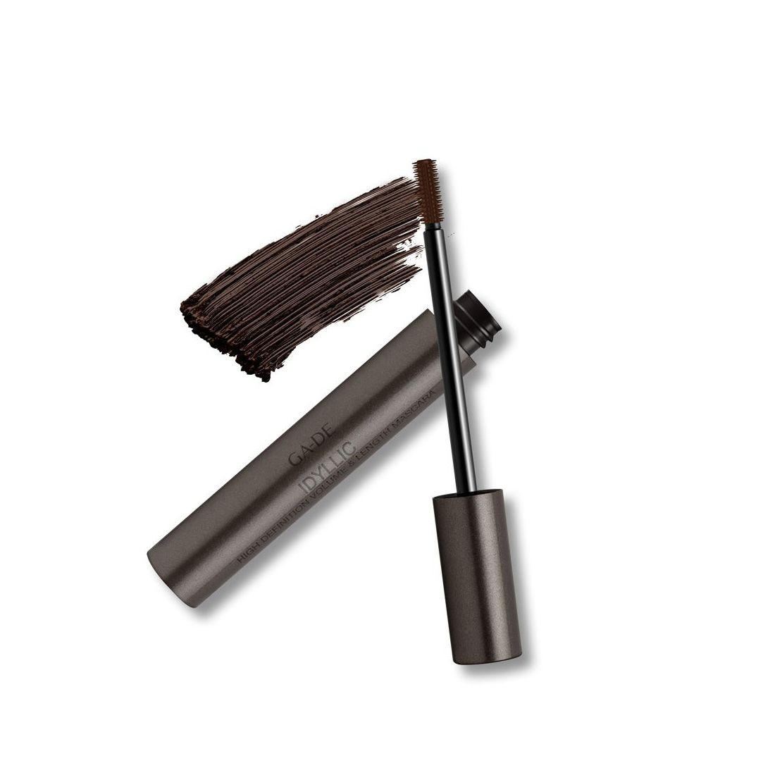 Mascara Ga-De Idyllic. Tubetto aperto con spazzola e tratto di mascara. Scritta: Idyllic, Volume & Lenght.