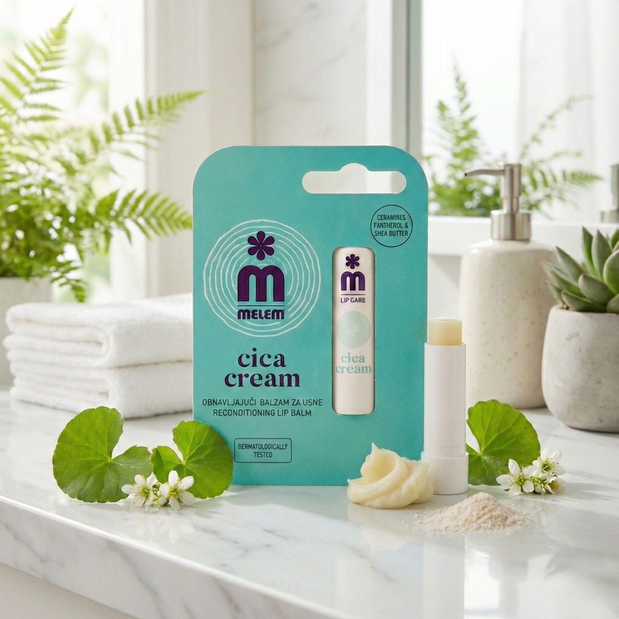 Melem Cica Cream, stick labbra rigenerante, confezione e aperto. Confezione turchese e bianca, stick bianco. Fiori, foglie, crema e polvere.