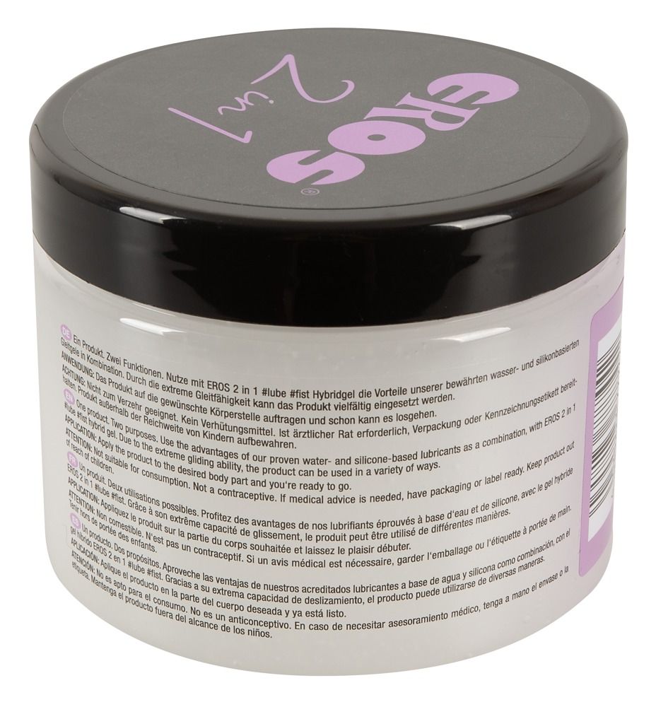 EROS 2in1 #lube fist Lubrificante ibrido in un barattolo trasparente con coperchio nero.