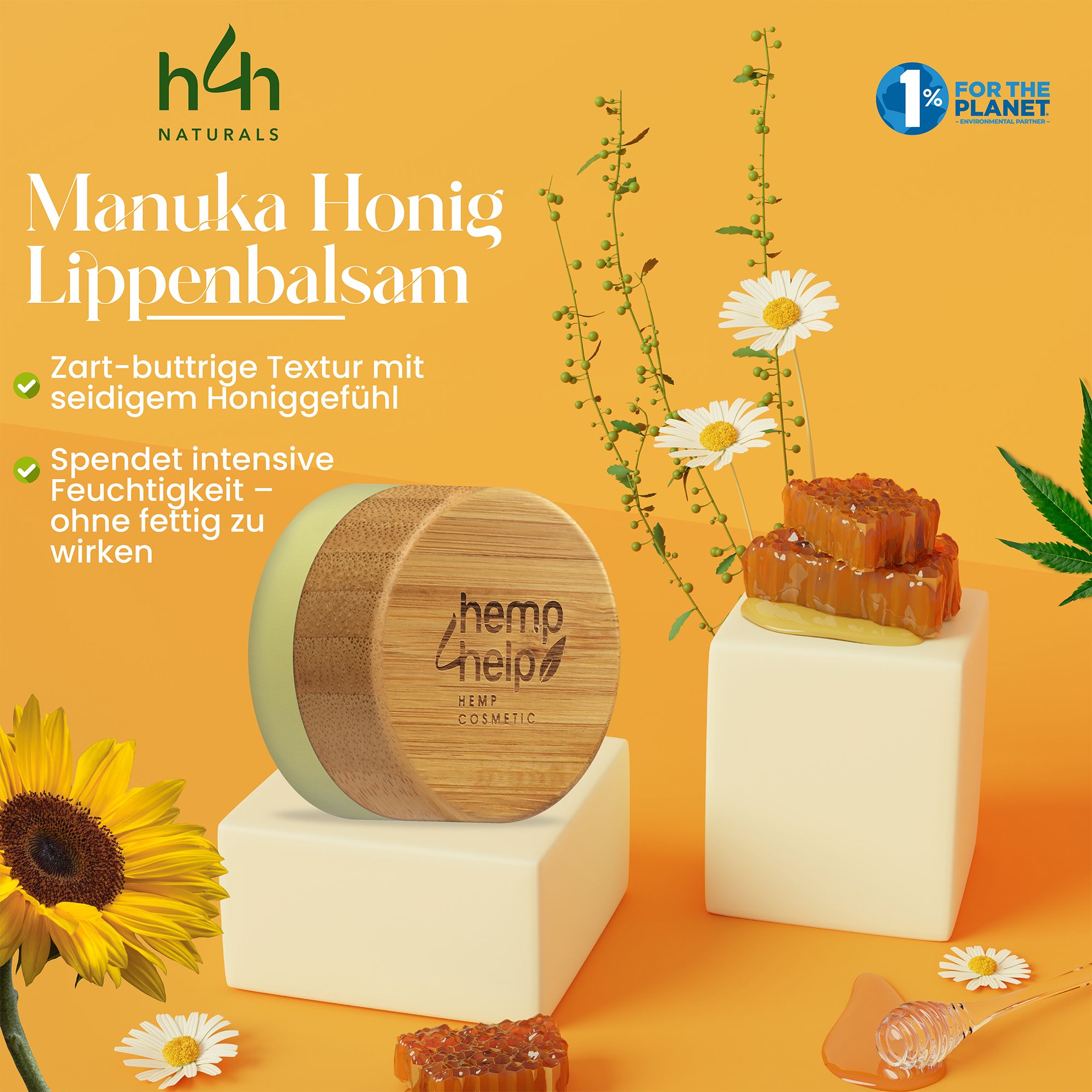 Vasetto di balsamo per labbra con coperchio in legno su piedistallo. Favo, girasole e camomilla. Testo: Balsamo labbra al miele di Manuka.