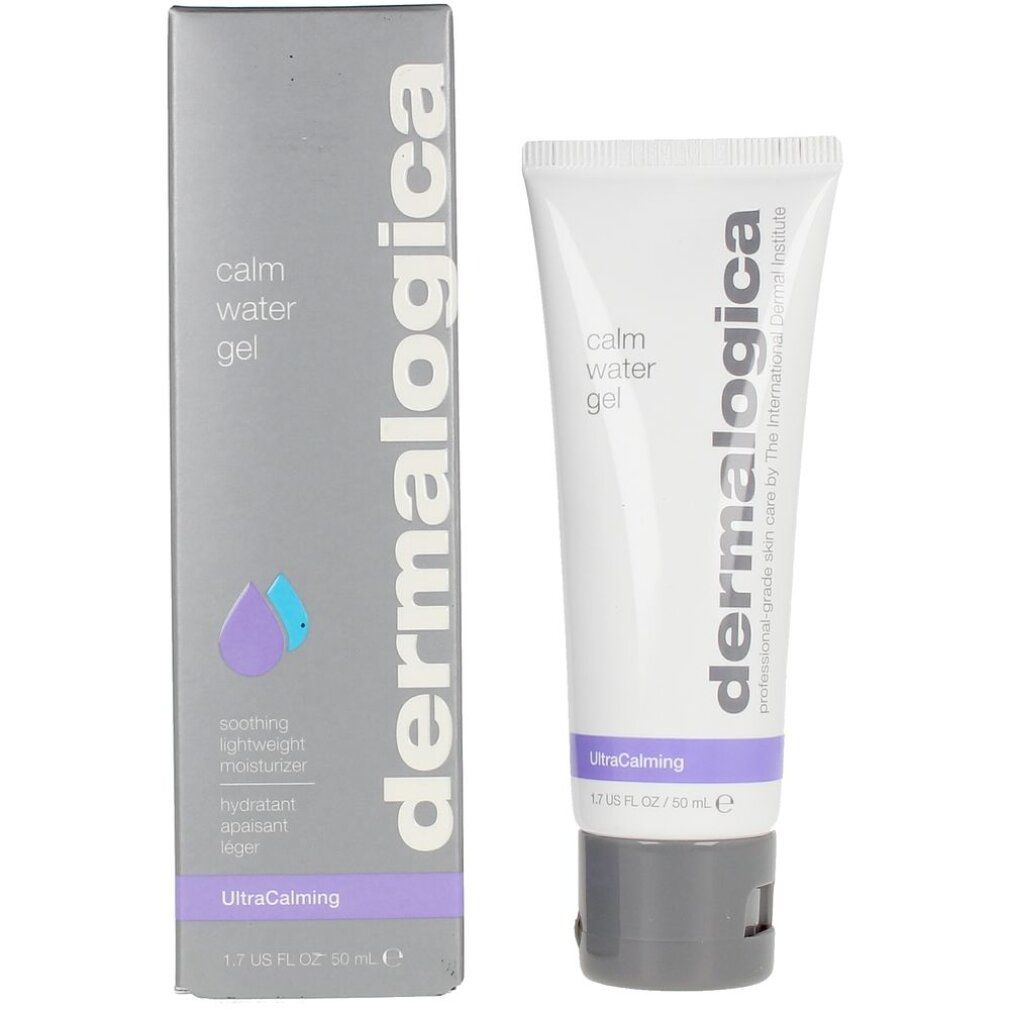 Prodotto e confezione. Tubo e scatola. Scritta: calm water gel, dermalogica. Scatola con simbolo a goccia.